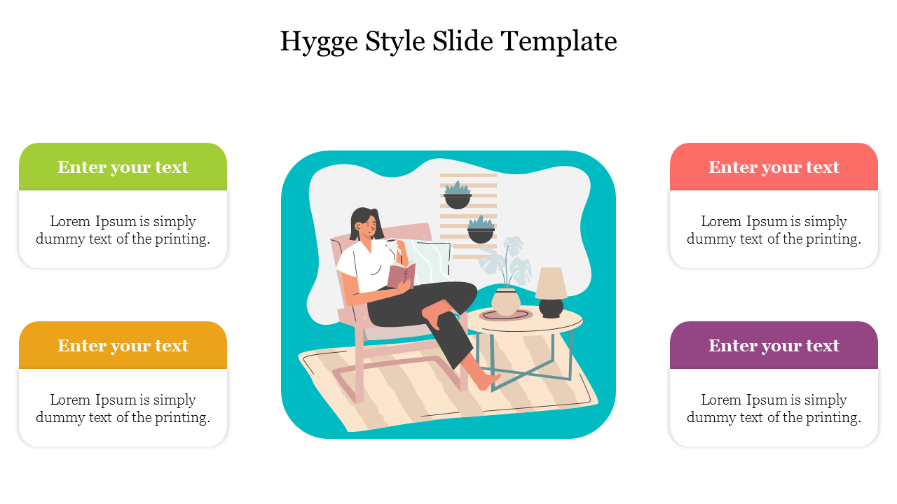 Hygge style slide featuring a cozy scene with a woman reading in a comfortable chair, surrounded by text boxes.