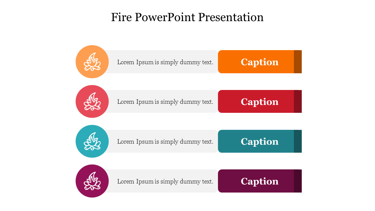 Fire PowerPoint presentation slide with colorful icons representing fire and four caption areas.