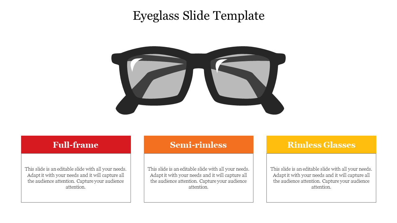 Slide showing a large black eyeglass illustration, with red, orange, and yellow text boxes beneath it.