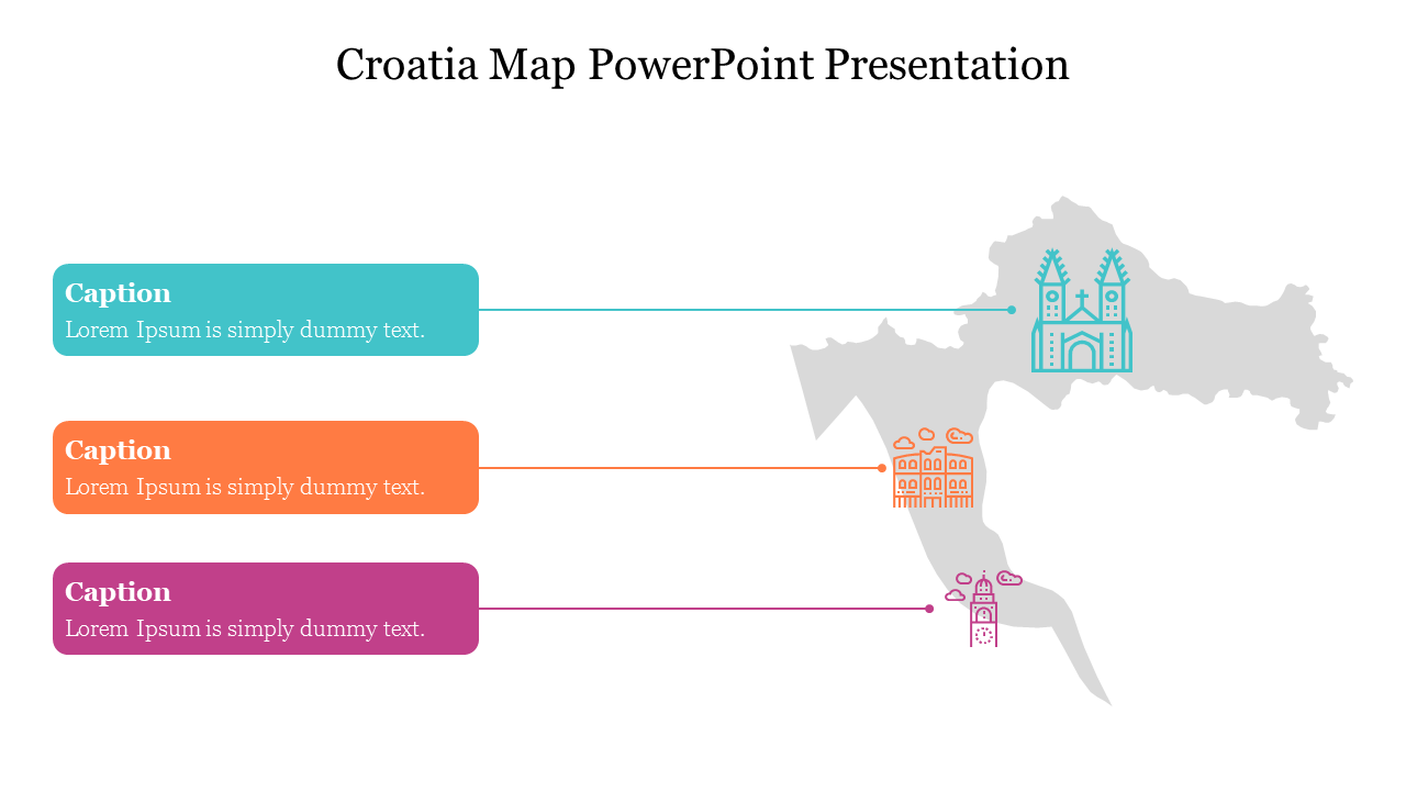 Slide featuring a map of Croatia with highlighted locations and captions describing each area.