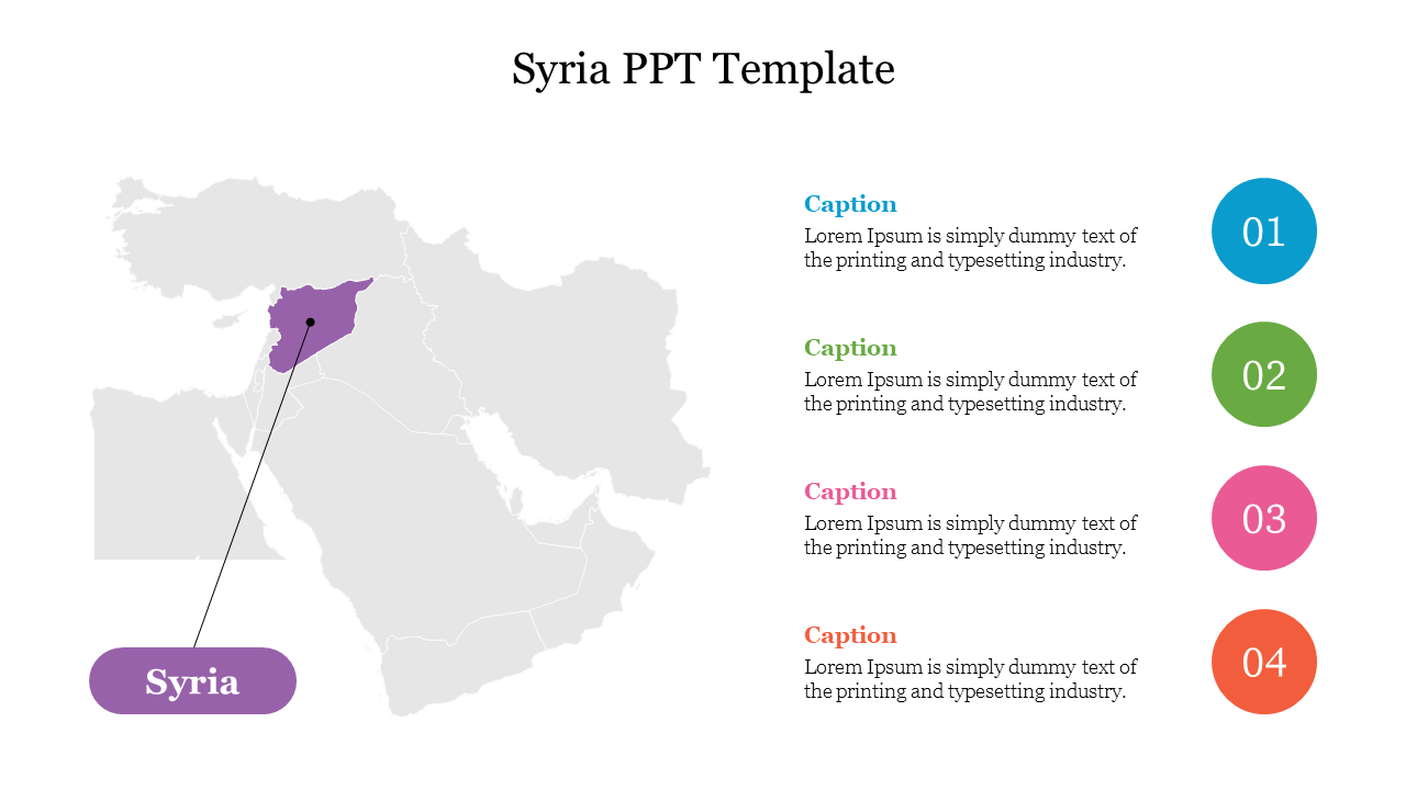 Grey map of the Middle East with Syria highlighted in purple and four colorful numbered circles with captions on the right.