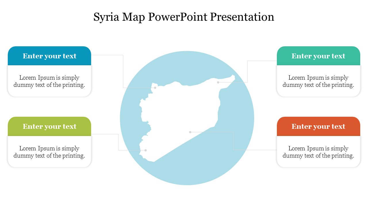 Syria map slide with four text boxes for user input, positioned around the map, featuring a light blue background.