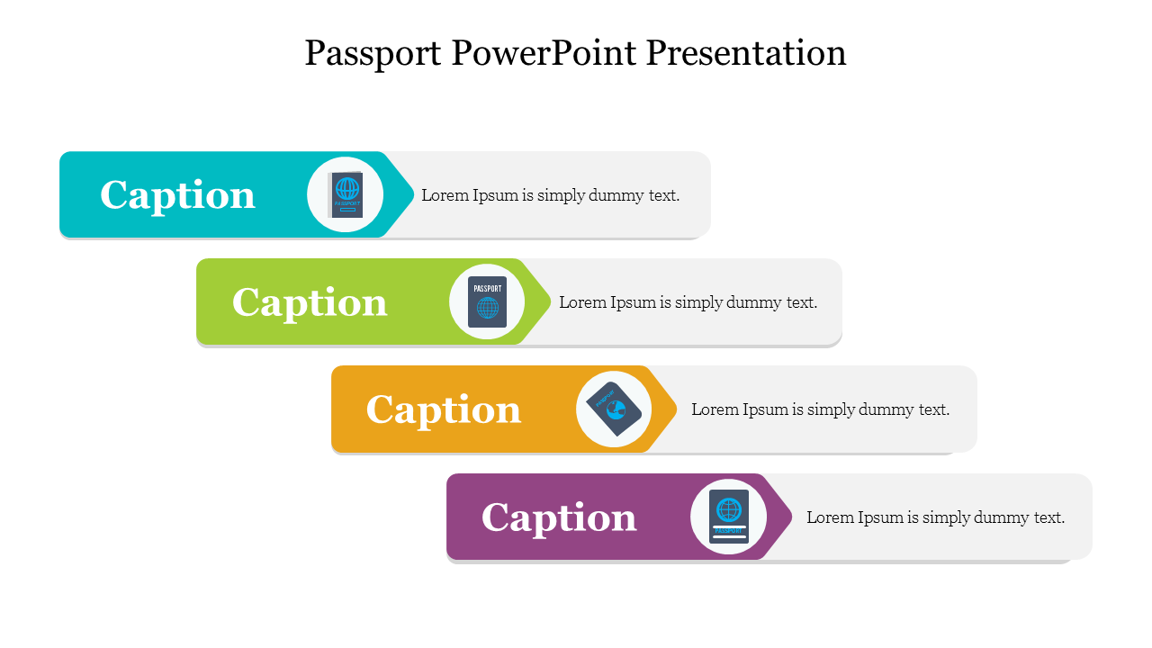 Passport PPT slide featuring colorful sections for various topics with icons and placeholder text.