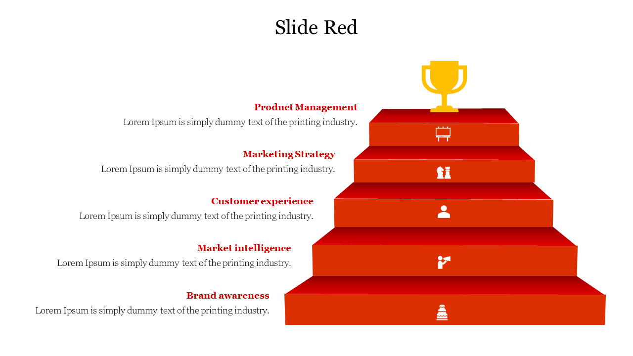 A pyramid PPT slide with five red steps, each representing key business concepts with icons and placeholder text.