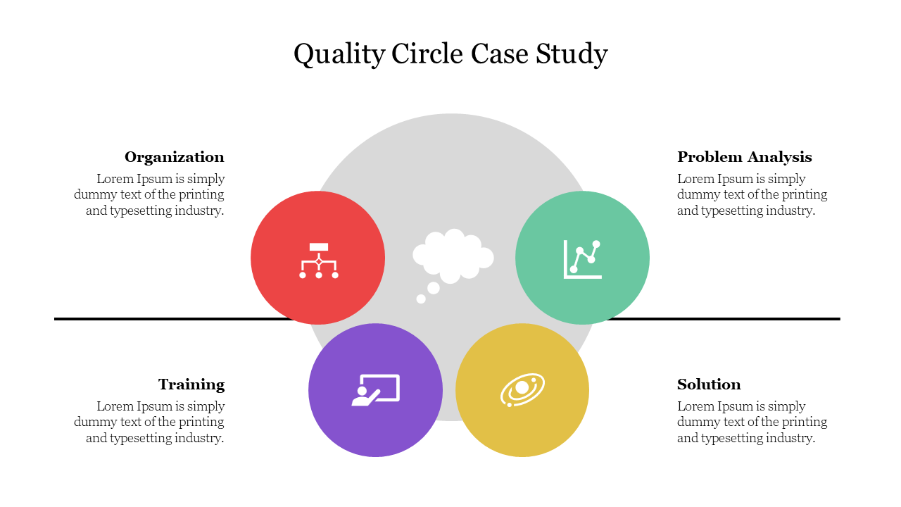 Slide featuring a central gray circle with cloud, surrounded by four colored circles, each with icons and captions.