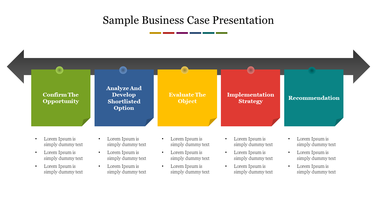 Business case slide with green, blue, yellow, red, and teal boxes along a black arrow, each labeled with a project phase.