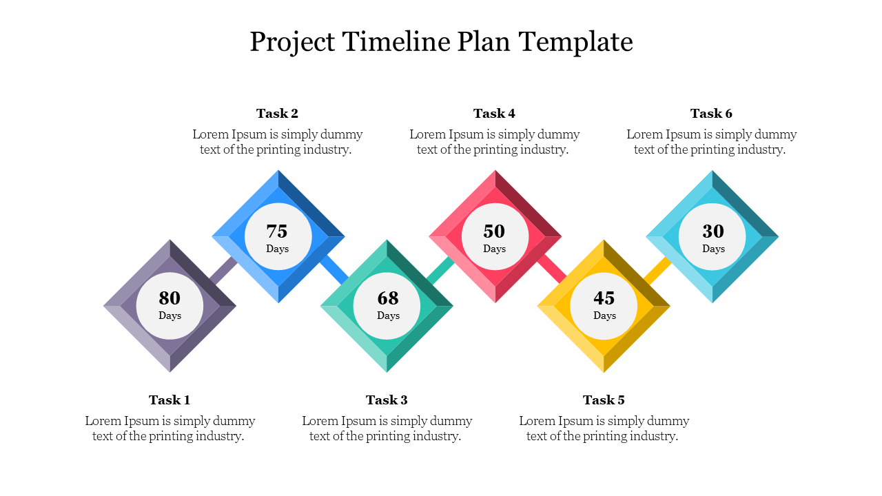 Project planning PPT slide with six tasks, each represented by a colored diamond and the number of days to complete.