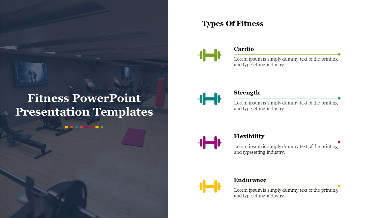 Split layout with dark gym on left and four colored dumbbells with text arranged vertically on a white background.