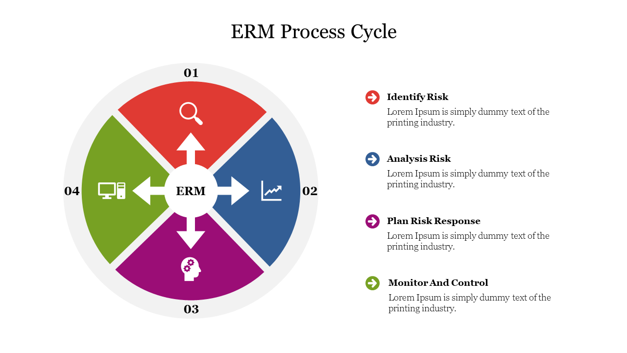 A circular process cycle for ERM, divided into four color-coded sections with icons and labels for risk management stages.