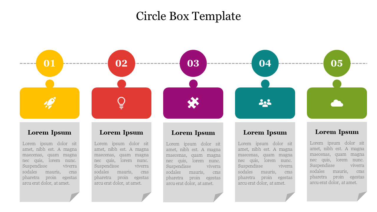 Circle box template with five numbered steps, each containing icons and placeholder text below.