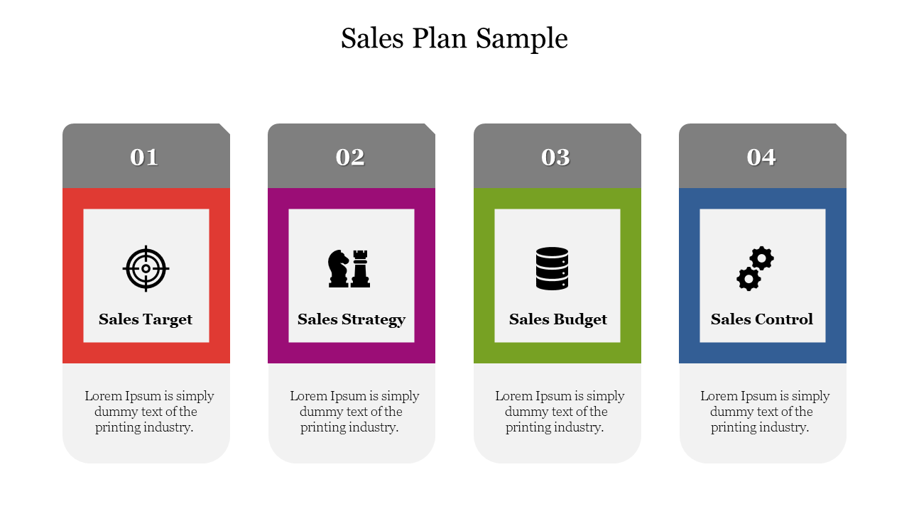 Rectangular layout with four sections in red, purple, green, and blue, each containing icons and text in boxes.