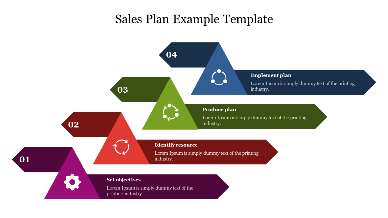 Sales plan template with four colored arrows in purple, red, green, and blue, each representing a triangular icon section.