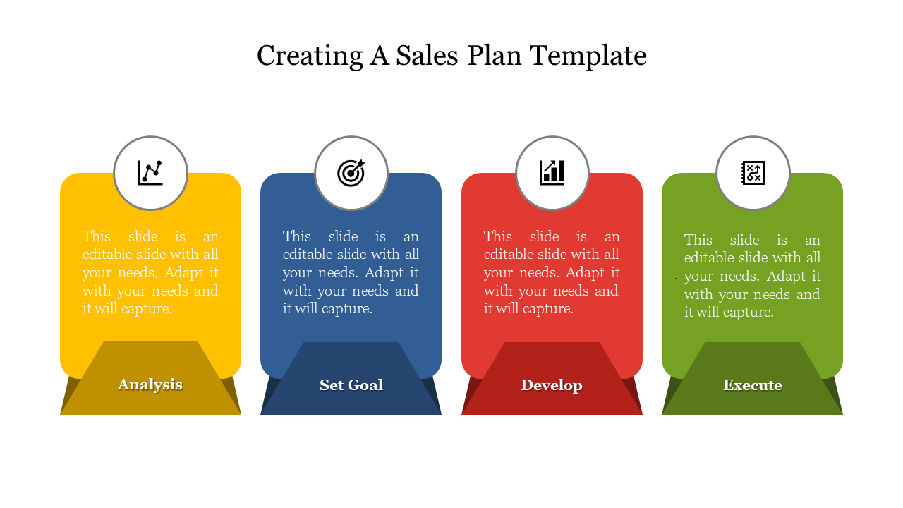 Sales plan PPT template with four stages Analysis, Set Goal, Develop, and Execute, each represented by colorful icons.