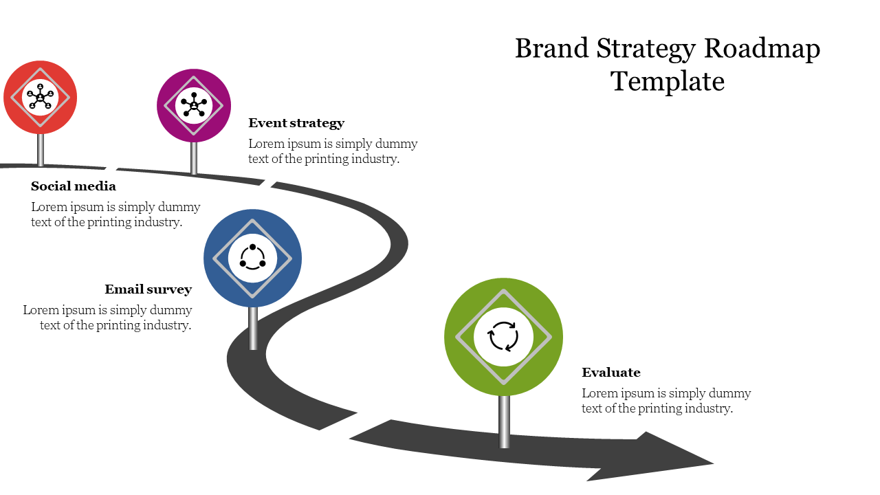 Brand strategy template featuring a winding path with four markers in red, purple, blue, and green along the route.