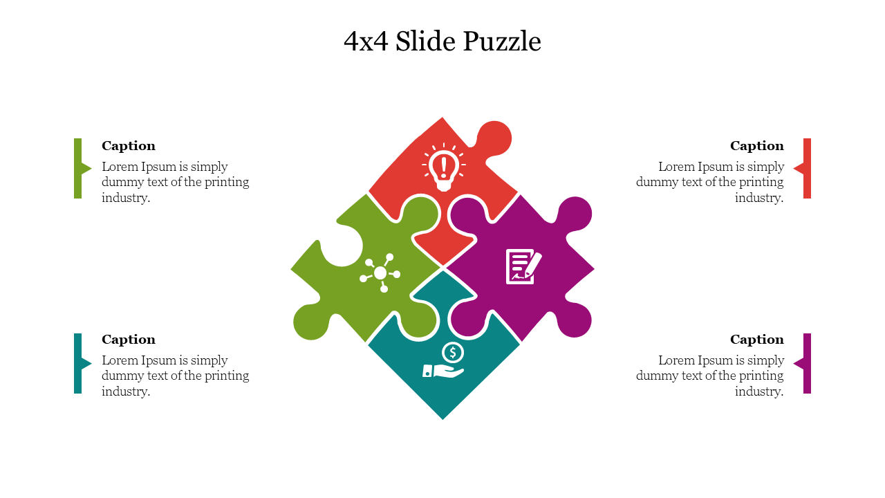 Four colored puzzle pieces slide forming a square with icons surrounded by captions.