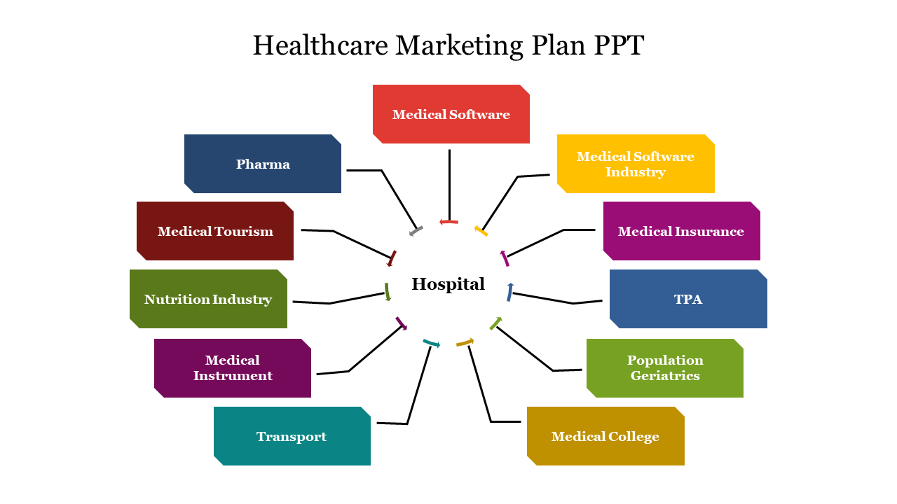 PPT slide diagram of the healthcare marketing plan connecting the hospital to diverse sectors in a colorful text box.