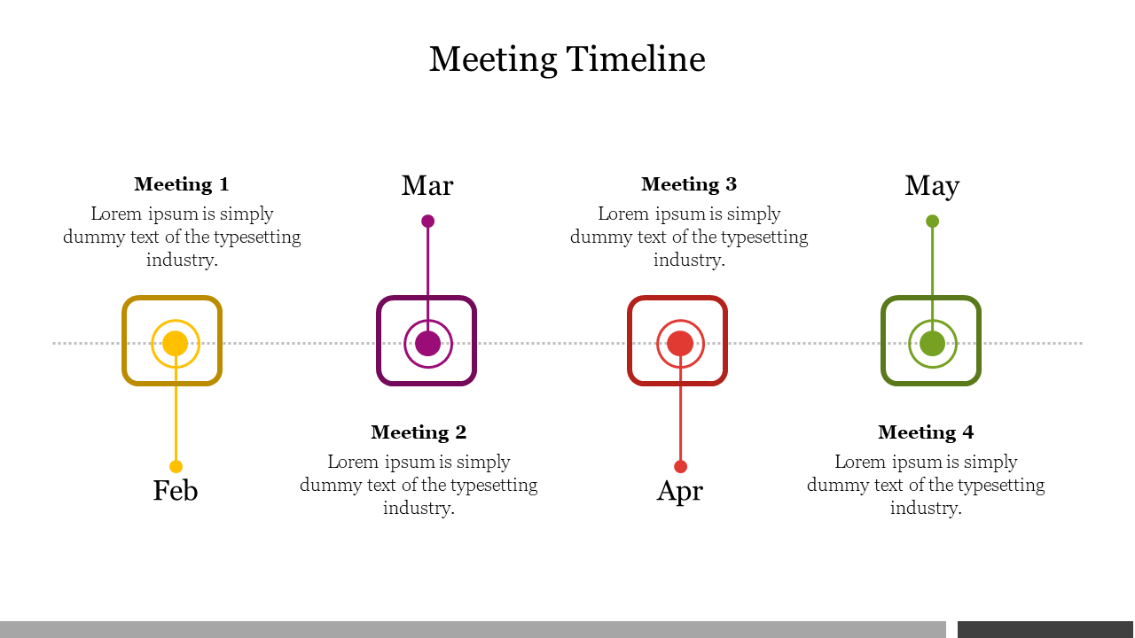 Minimalist timeline with square icons in yellow, purple, red, and green representing monthly meetings.