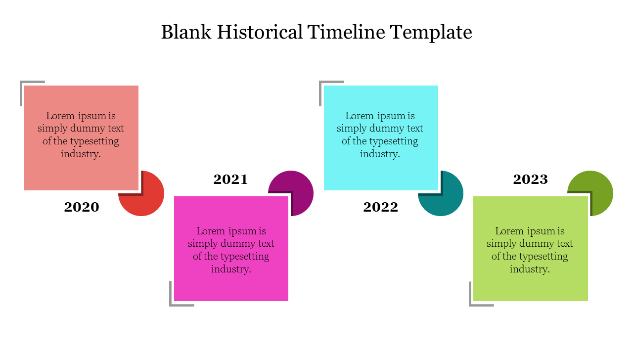 Timeline template with four colored squares for years 2020 to 2023 in red, pink, blue, and green on a white background.