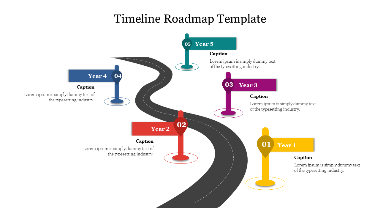 Curved timeline roadmap diagram slide with five markers from year 1 to year 5, each with a unique color and captions.