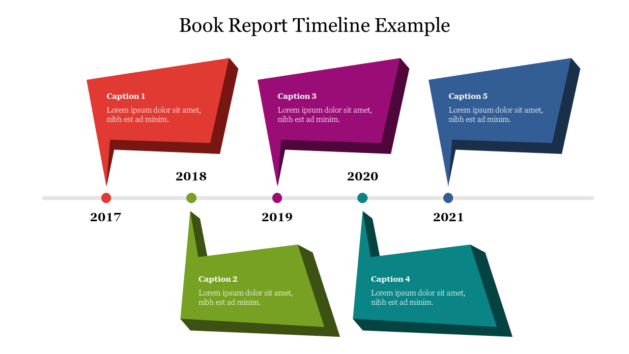 Timeline with colored speech bubbles in red, green, purple, teal, and blue, arranged above and below a horizontal line.