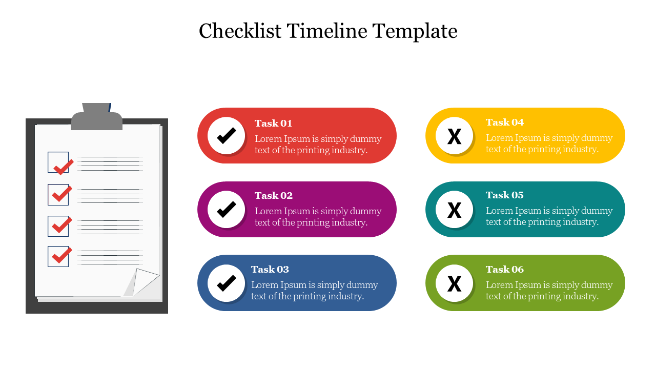 Checklist timeline template with tasks 01 to 06, featuring checkmarks and crosses for completed and pending tasks.