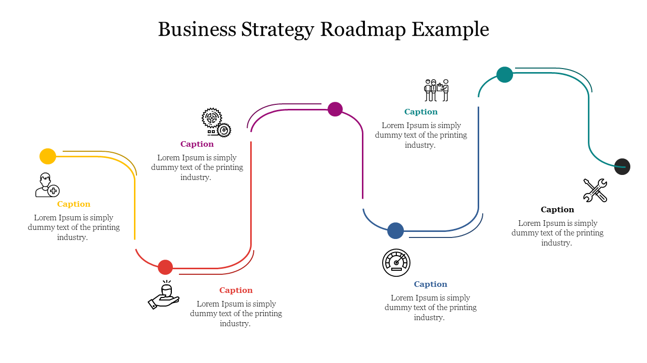 Business strategy roadmap slide featuring a curving timeline with six milestones, each labeled with captions and icons.