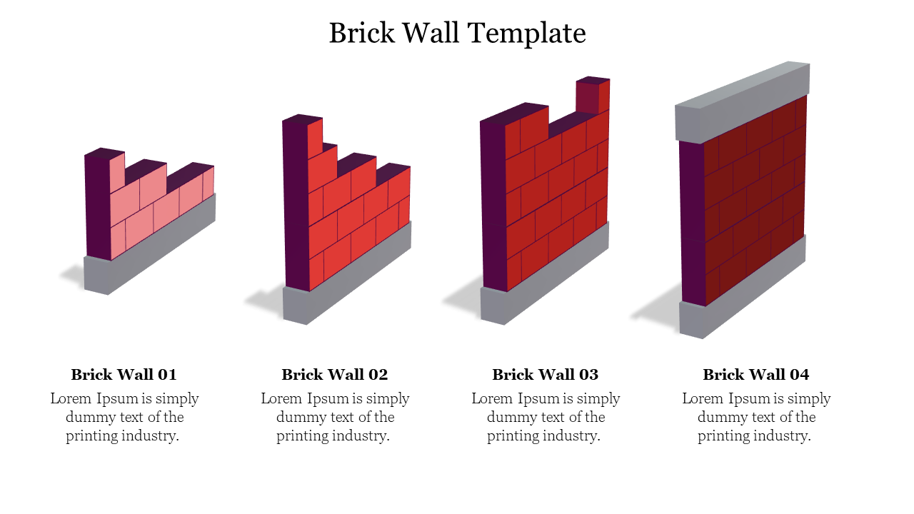 Four 3D brick wall illustrations in different stages of construction, ranging from incomplete to fully built.