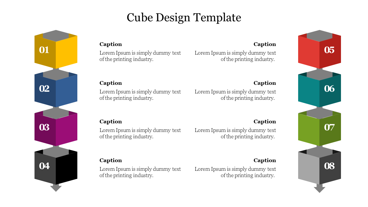 Infographic with two vertical stacks of eight numbered 3D cubes in different colors, each linked to caption on the sides.