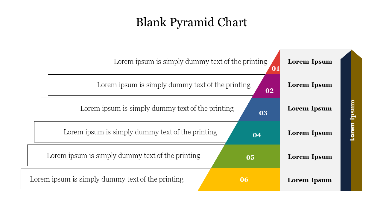 Colorful six-layer pyramid chart with placeholder text area in each segment place in a white background.