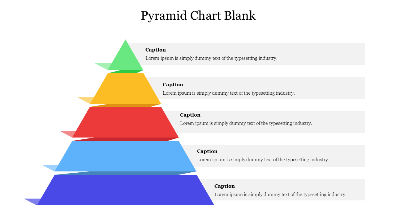 Pyramid chart slide with empty sections for captions, featuring five distinct colors for each layer.