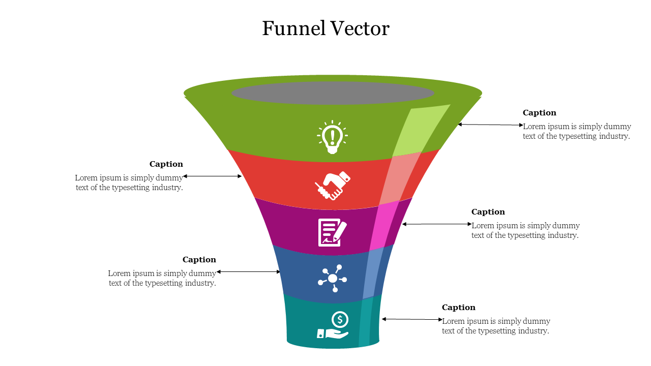 Funnel vector with five segments in green, red, purple, and blue, featuring various icons like a light bulb and handshake.