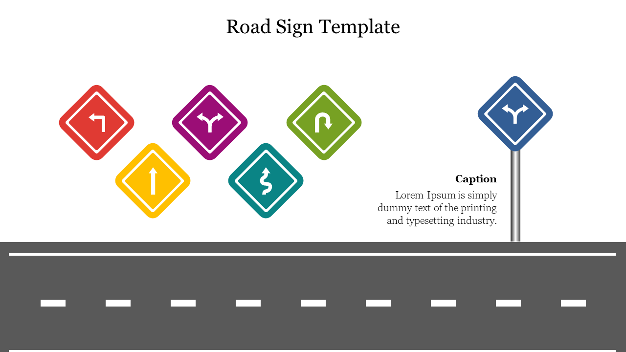 A vibrant road sign slide featuring various traffic signs including directional arrows and curves on a roadway background.