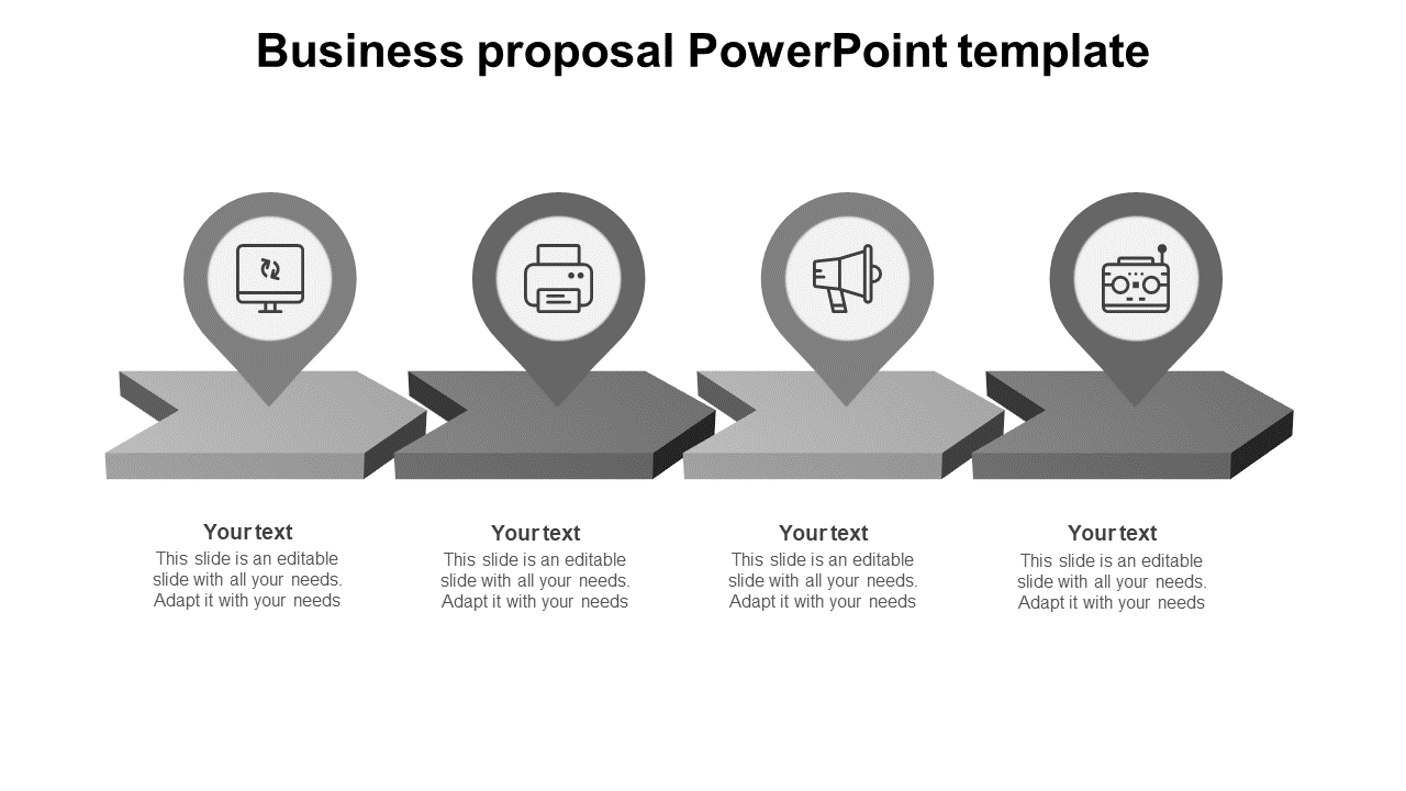 Business proposal PowerPoint slide featuring four arrows with grey icons and placeholder text on a white backdrop.