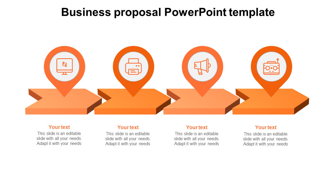 Business proposal template with five steps, marked by icons for computer, printing, announcements, and radio.