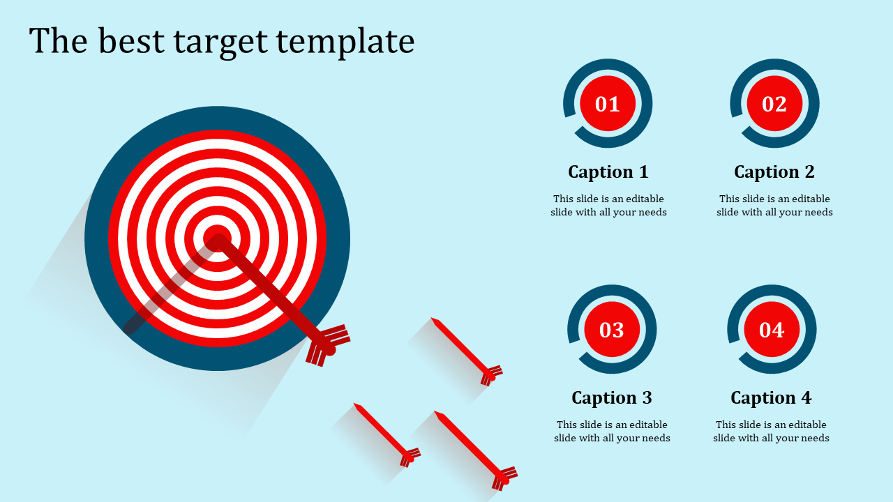 A PowerPoint template featuring a target with arrows and circular icons for captions on a blue backdrop.