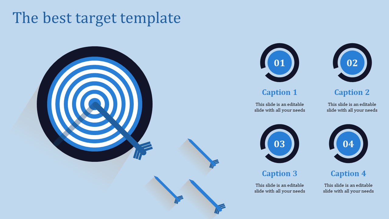 A large target with blue concentric circles, and four numbered circular icons with captions, on a light blue background.