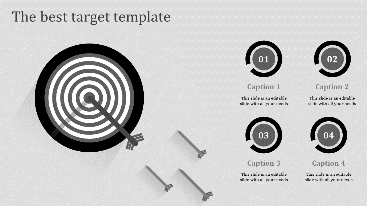 Slide featuring a target with an arrow, symbolizing goal achievement and focus, along with caption areas.