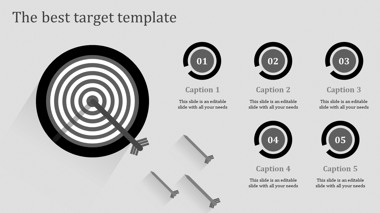 Monochrome target with an arrow in the center, with five numbered circles and captions on the right.