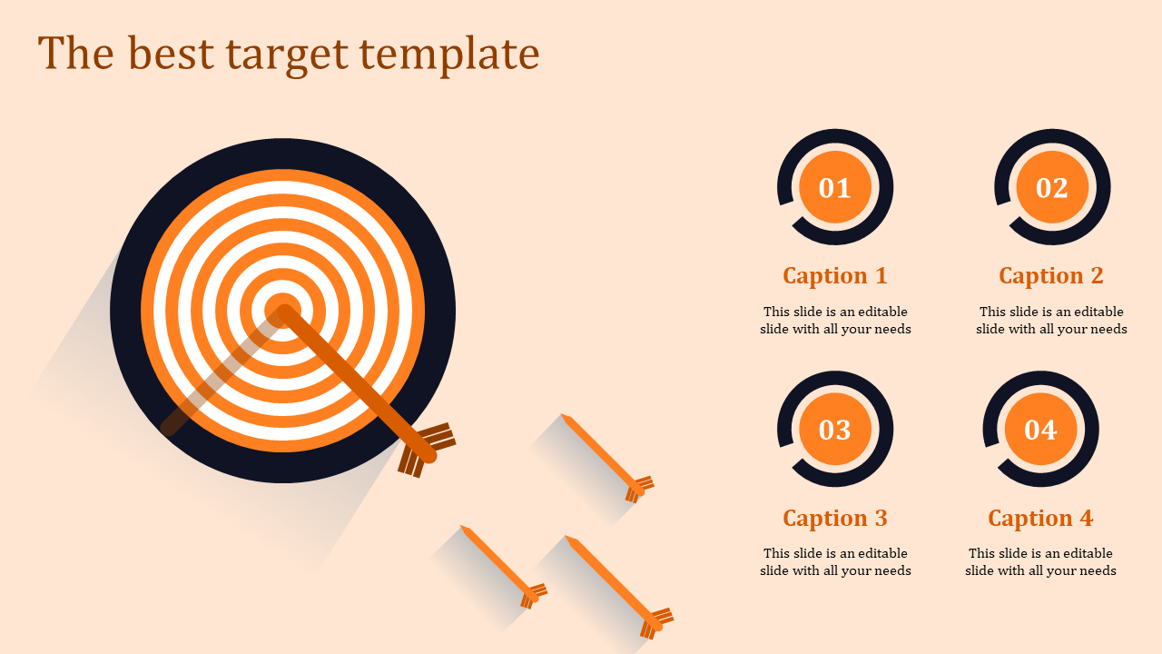 Minimalist template featuring large target symbol in orange and navy, broken arrows, and four rounded counters.