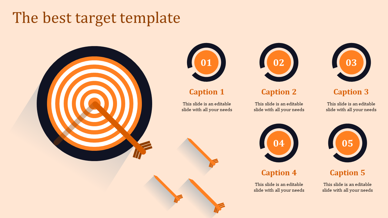 Orange-themed target graphic with one arrow in the center and five circular captions aligned on the right side.