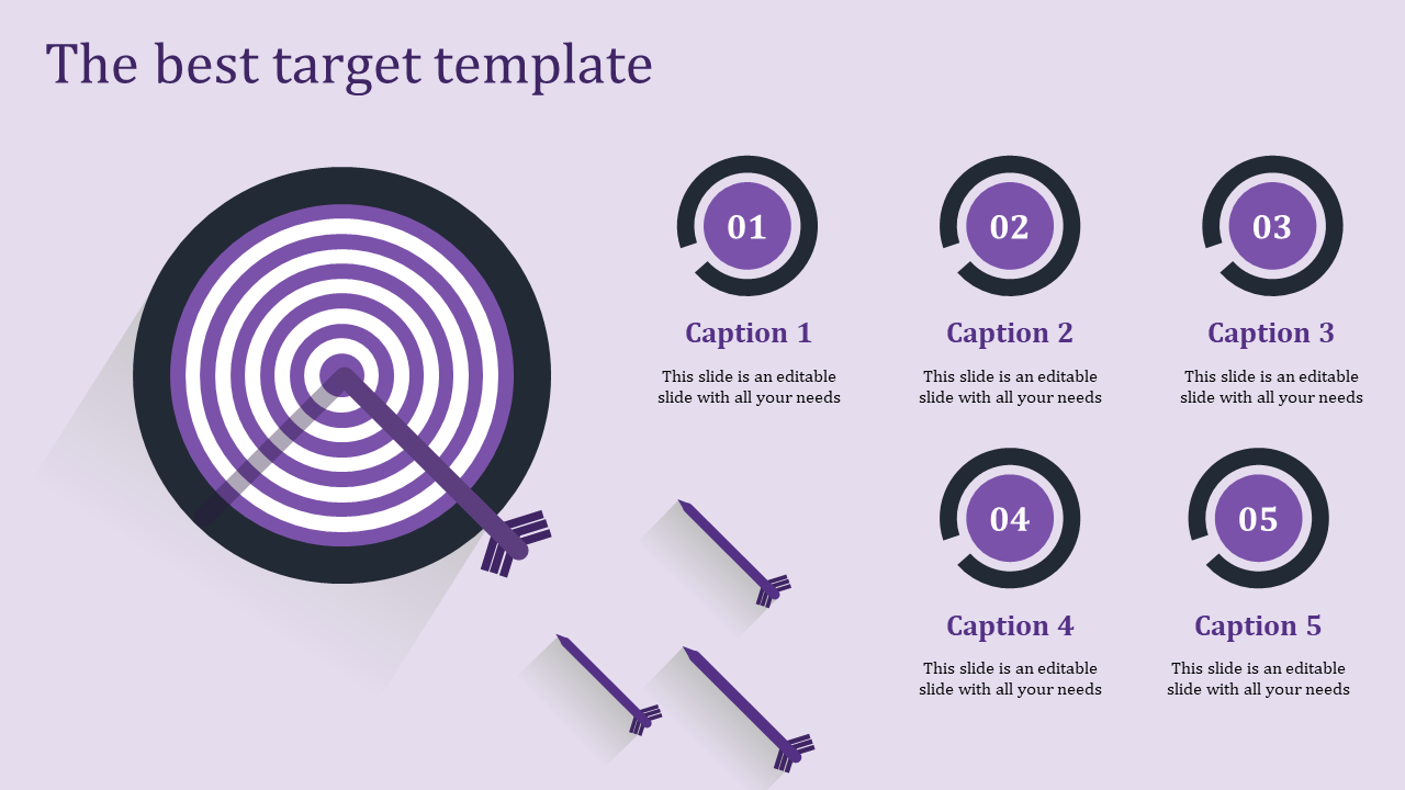 Purple target with a bullseye hit by an arrow, and five circular numbered icons with captions on the right.