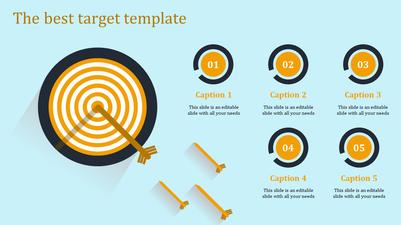 Goal achievement template with a target, one successful hit, three missed arrows, and five progress icons linked to captions.