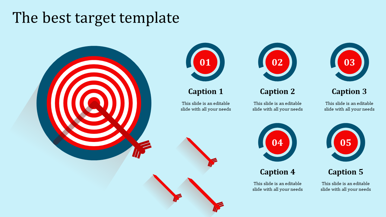 Red and white target with arrows and five numbered circles with captions, on a blue background.