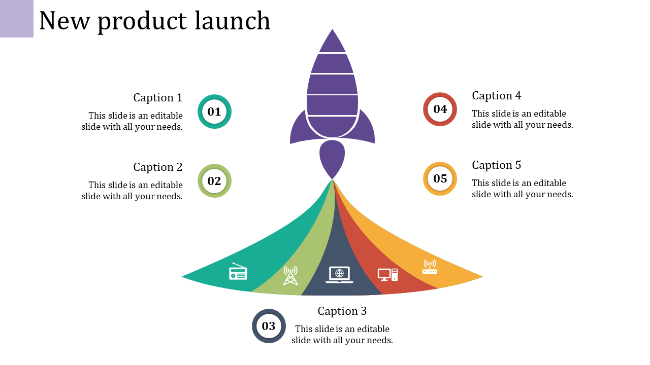 New product launch diagram with a central rocket, five captions areas, and a colorful path representing steps.