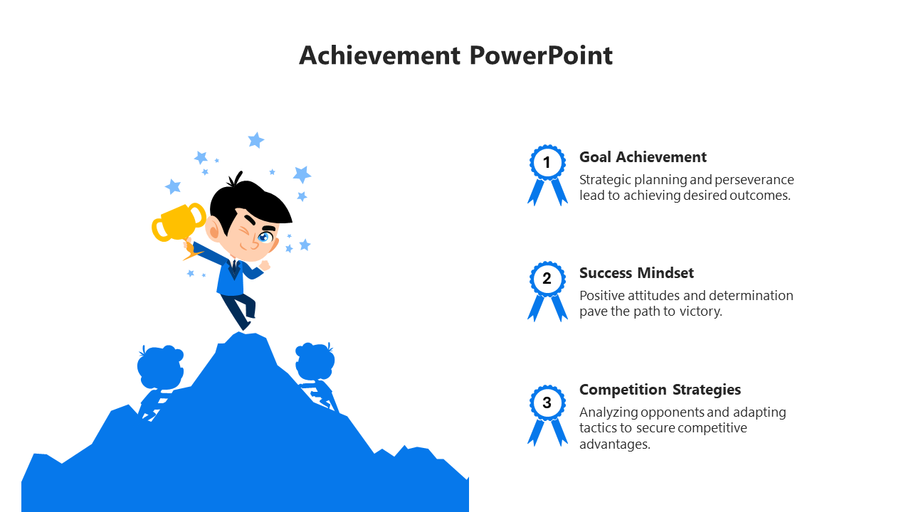 Achievement illustration featuring a trophy winner at the top of a mountain, with success and competition strategies listed.