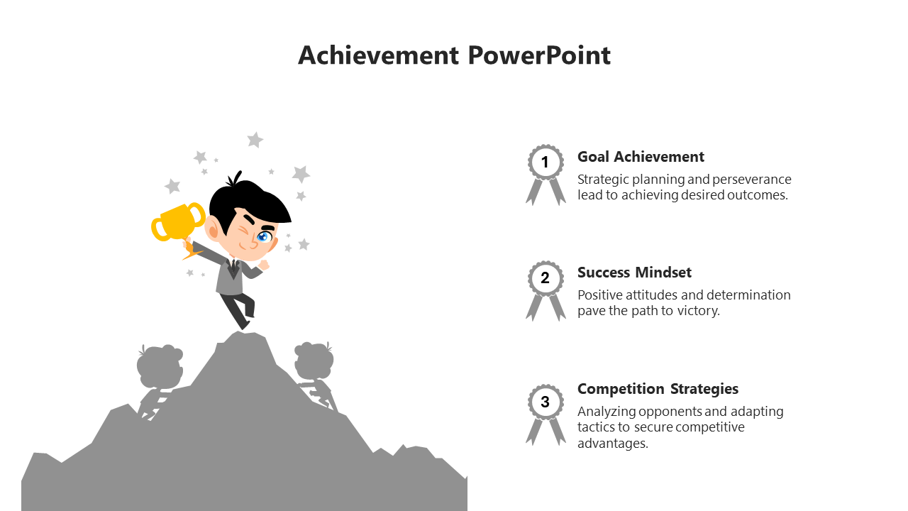 Slide featuring three achievement points in gray with captions and a boy standing on a mountain holding a trophy.