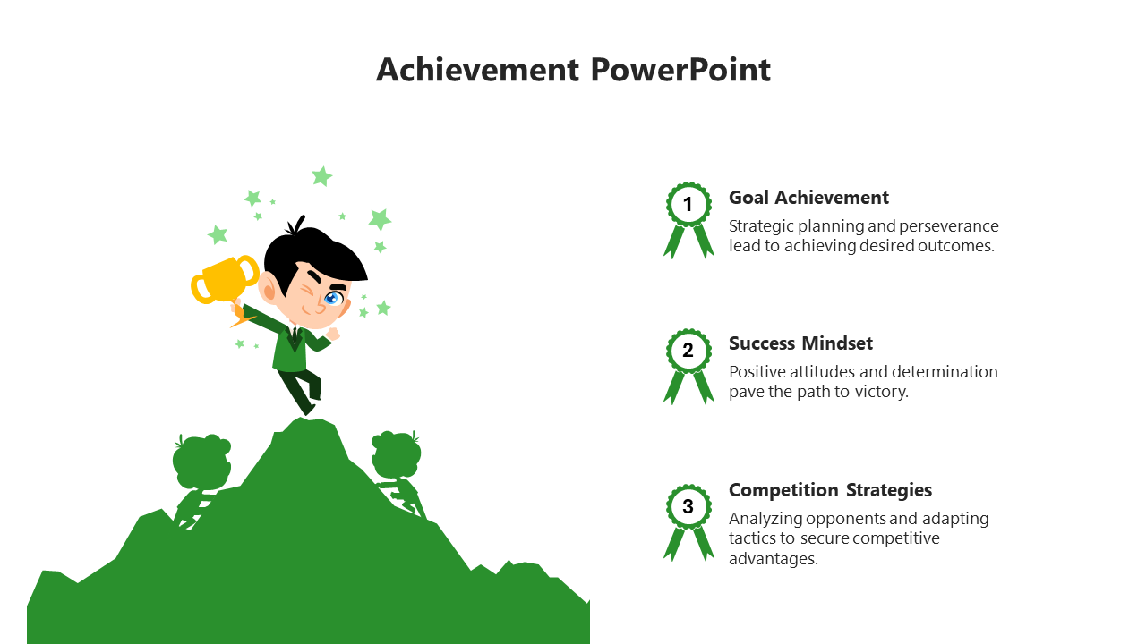 A vibrant illustration of a child on a mountain, holding a trophy, with text highlighting the importance of goal achievement.