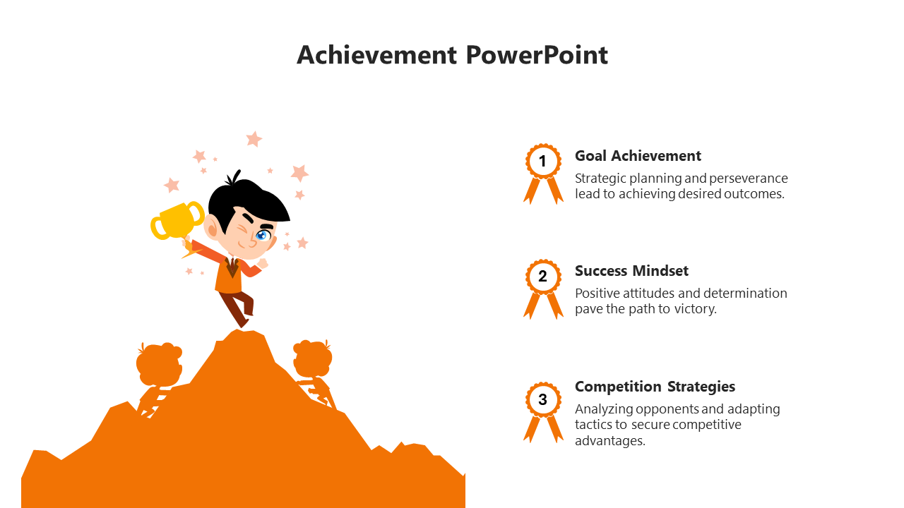 Slide showing a central figure celebrating success on a mountain with three numbered achievements in orange ribbons.