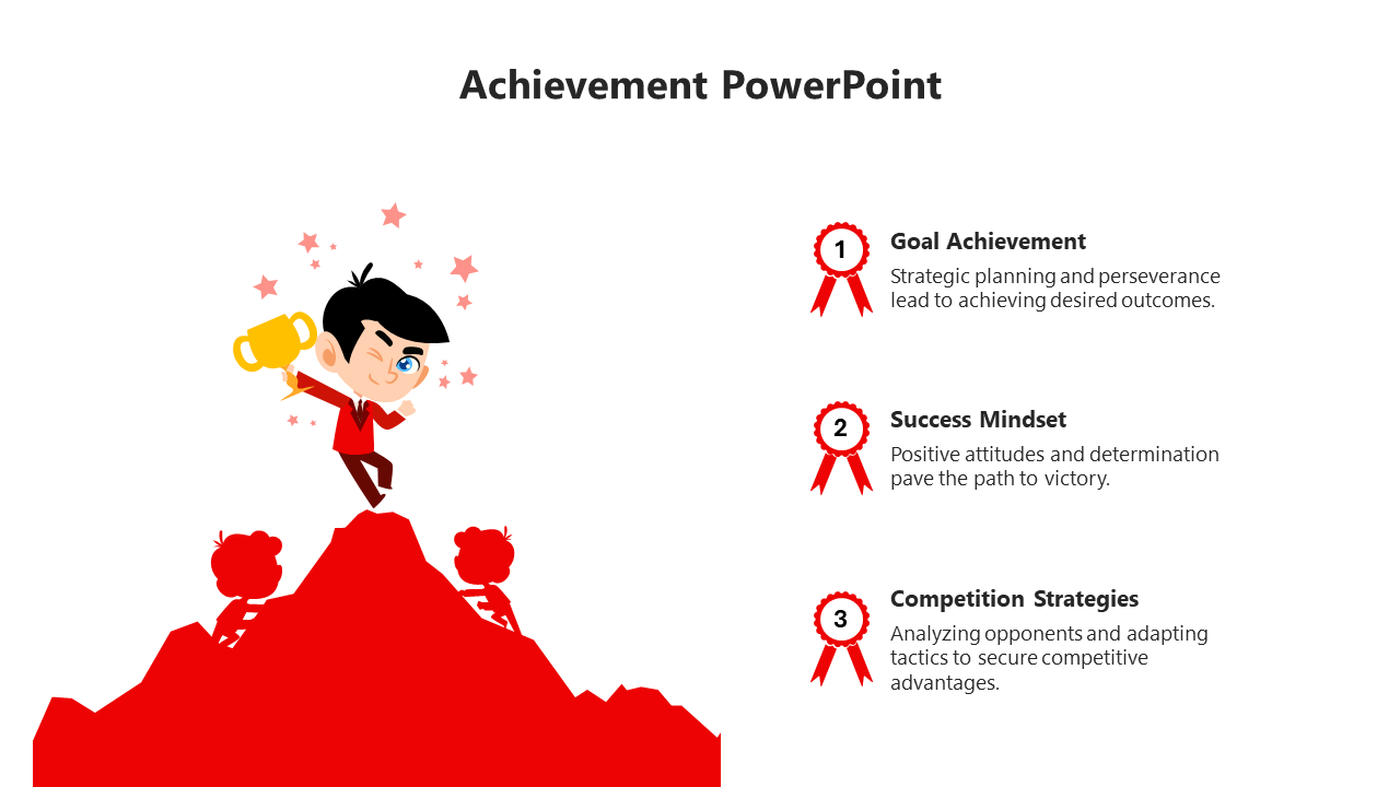 Illustration of a person holding a trophy on a red mountain peak with three achievement related points listed on the right.