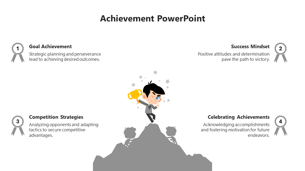 Achievement themed slide featuring a cartoon figure with a trophy at the peak, surrounded by four gray ribbons with captions.